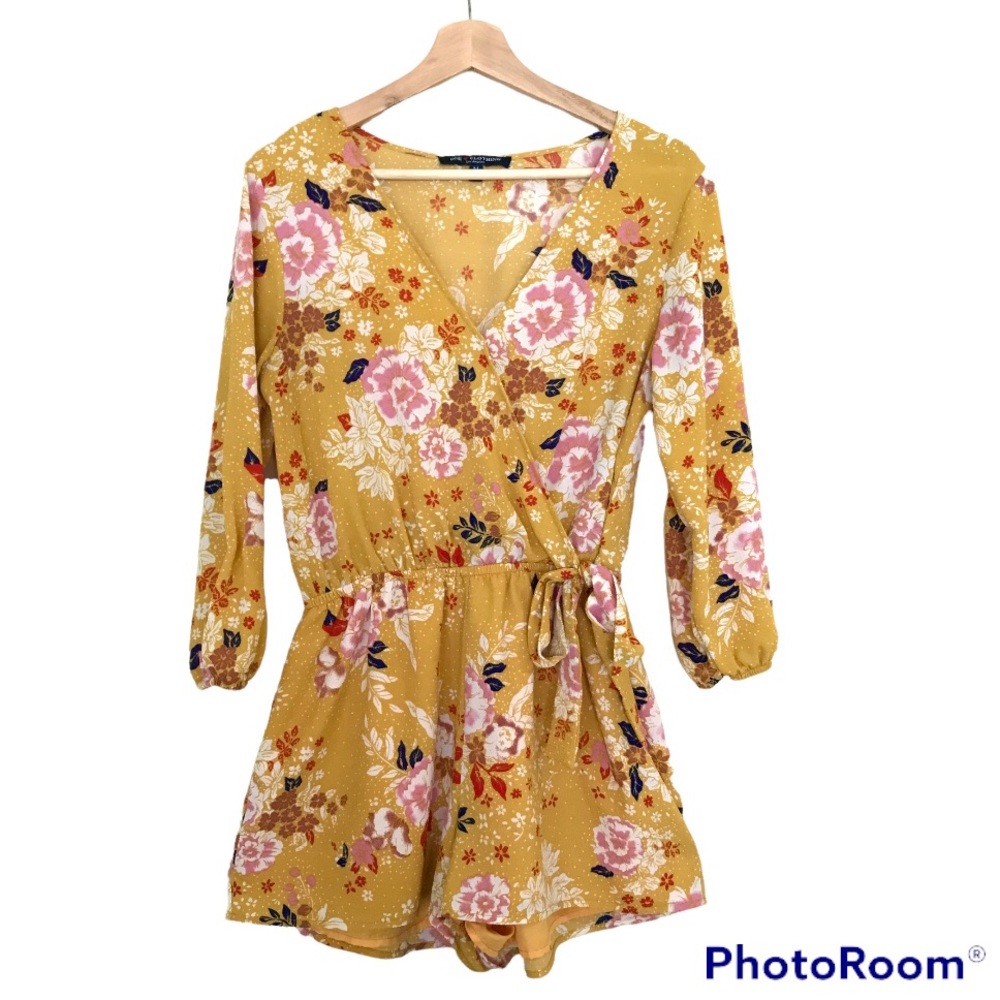 One Clothing Yellow Floral Long Sleeve Romper | Faux Wrap V-Neck